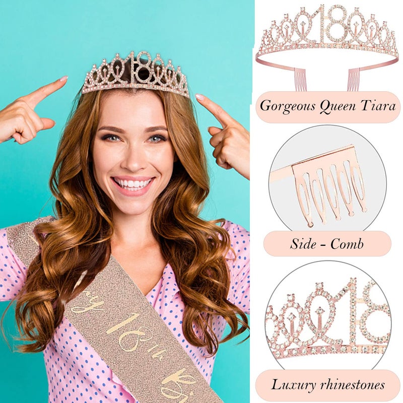 Awfrky 8pcs 18th birthday decorations for girls  Including 18th Happy Birthday Cake Toppers  Birthday Queen Sash with Pearl Pin  Sweet Rhinestone Tiara Crown  Number Candles and Balloons Set  Rose Gold - Image 3